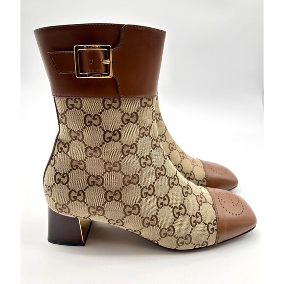 Gucci Ellis GG Logo Leather Trimmed Ankle Boots Camel Ebony Canvas EU 39.5 US9.5 - Picture 7 of 14